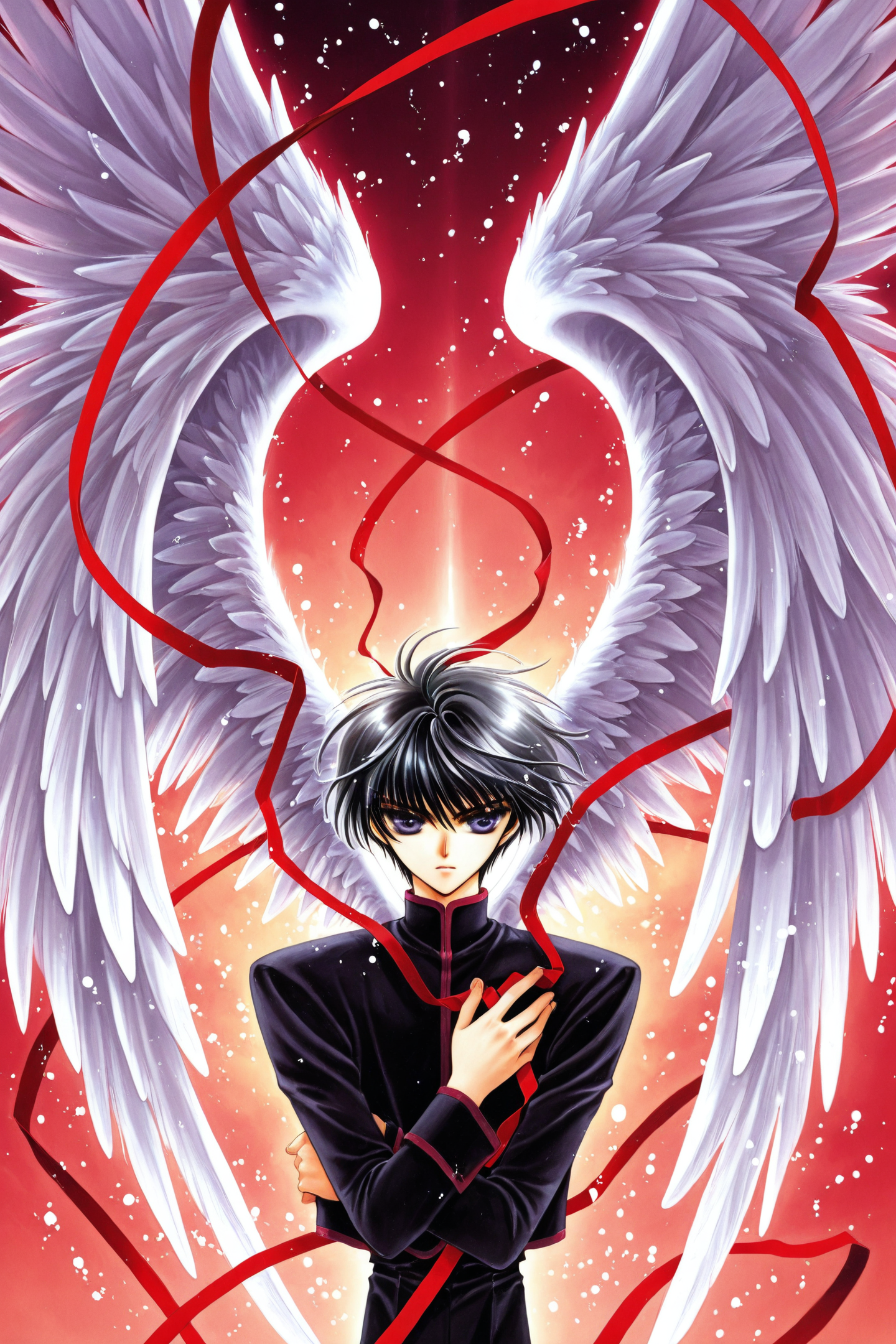 41792-2645527209-1boy,Kamui Shirou,male focus,angel wings,solo,black hair,ribbon,demon wings,red ribbon,__lora_X_illustriousXL_0.8_,.png